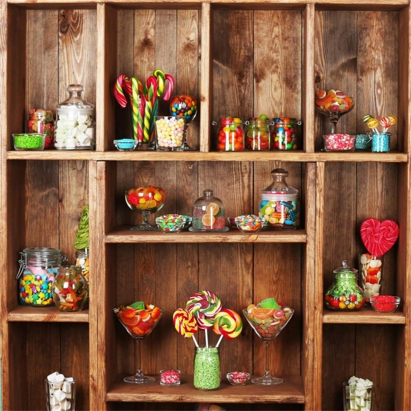 AOFOTO 6x6ft Sweet Candy Shop Backdrop Rustic Candy Bar Candies Lollipop Wooden Shelves Background for Photography Candyland Dessert Theme Party Decoration Vinyl Wallpaper Kids Portrait Photo Props - Image 1